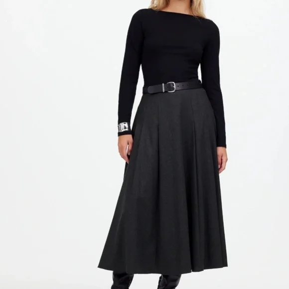 NWT Madewell Dark Gray Flannel Pleated Maxi Skirt SZ 14 - Picture 3 of 7